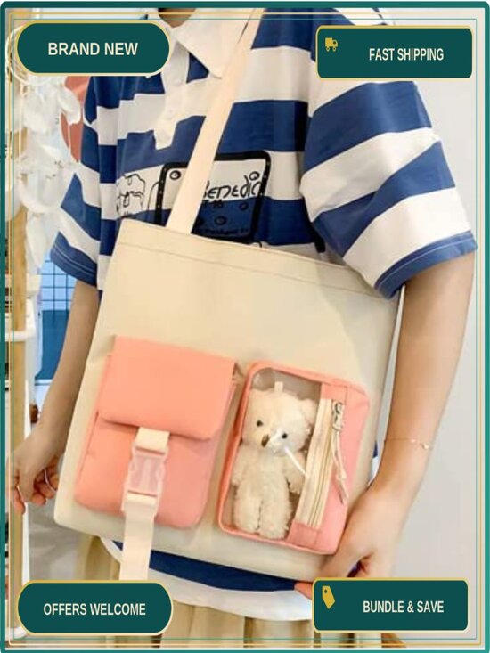 Kawaii Waterproof Nylon 5-Piece Backpack Set with Cute Plush Pendants main image 5